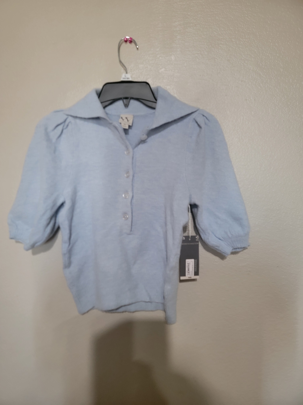 Light Blue Short-Sleeve Collared Knit Top